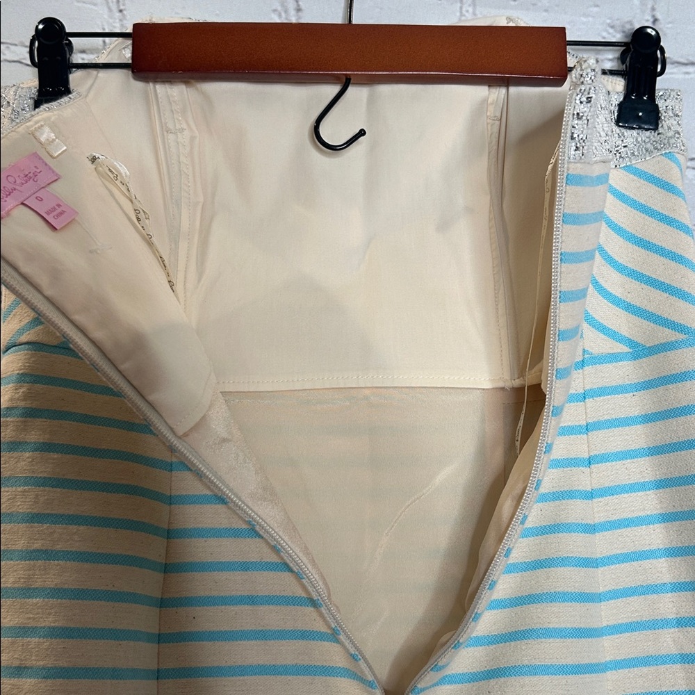 Lilly Pulitzer Blue & Ivory Striped Metallic Silver Trim Strapless Dress Size 0 - Picture 8 of 9